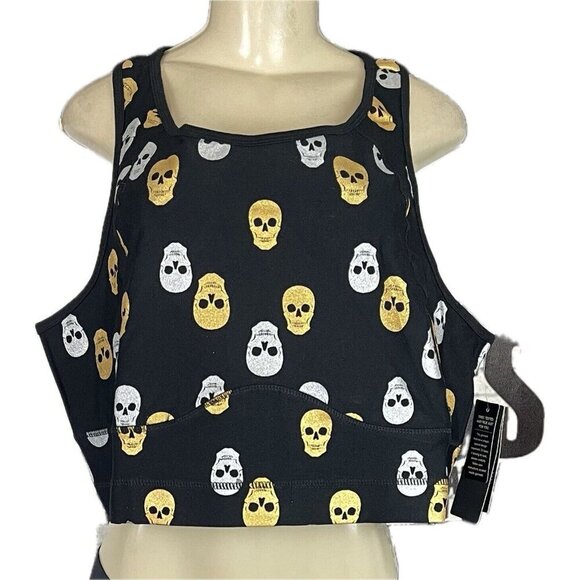 Torrid +5 Black Glitter Gold-Silver Skulls Racerback 4 Way Stretch Sports Bra - Picture 2 of 6